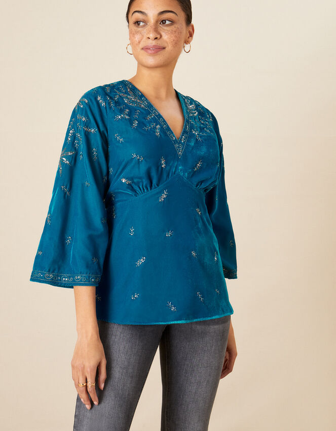 Carly Embroidered Velvet Top, Teal (TEAL), large