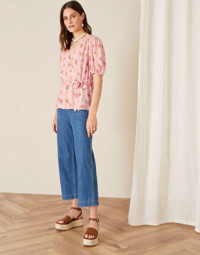 Gabriella Gingham Floral Wrap Top, Pink (PINK), large