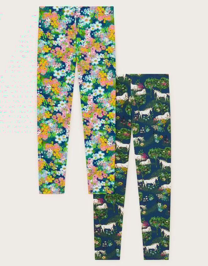 2-Pack Unicorn Floral Leggings, Blue (NAVY), large