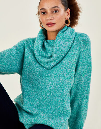 Cowl Neck Longline Jumper with Recycled Polyester , Green (GREEN), large