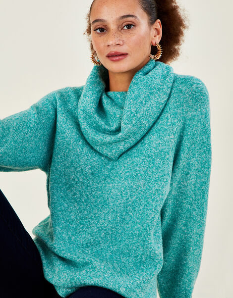 Cowl Neck Longline Jumper with Recycled Polyester  Green, Green (GREEN), large