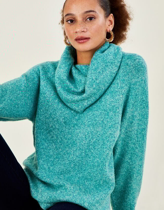 Cowl Neck Longline Jumper with Recycled Polyester , Green (GREEN), large