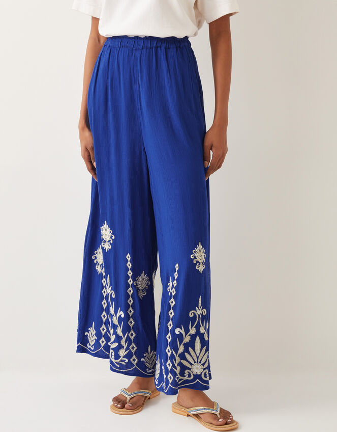 Saffron Embroidered Wide Leg Trousers, Blue (BLUE), large
