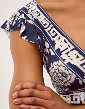 Gloria Plunge Floral Ruffle Swimsuit, Blue (BLUE), large