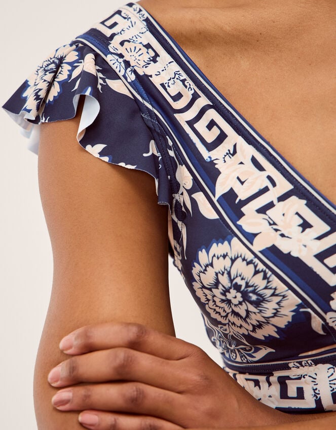 Gloria Plunge Floral Ruffle Swimsuit, Blue (BLUE), large