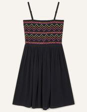 Neon Embroidered Shirred Sundress, Black (BLACK), large