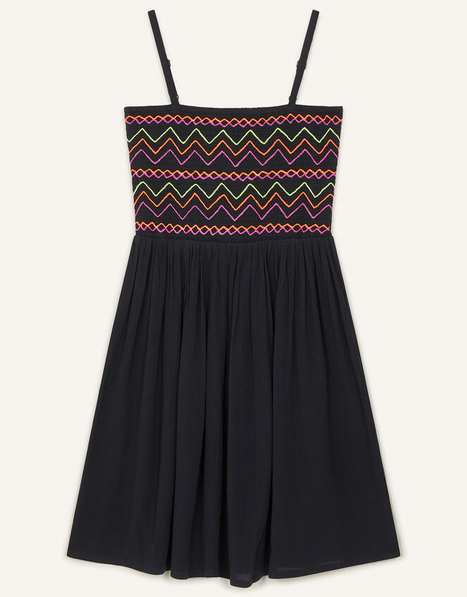 Neon Embroidered Shirred Sundress, Black (BLACK), large