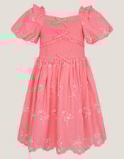 Embroidered Puff Sleeve Smocked Dress, Pink (PINK), large