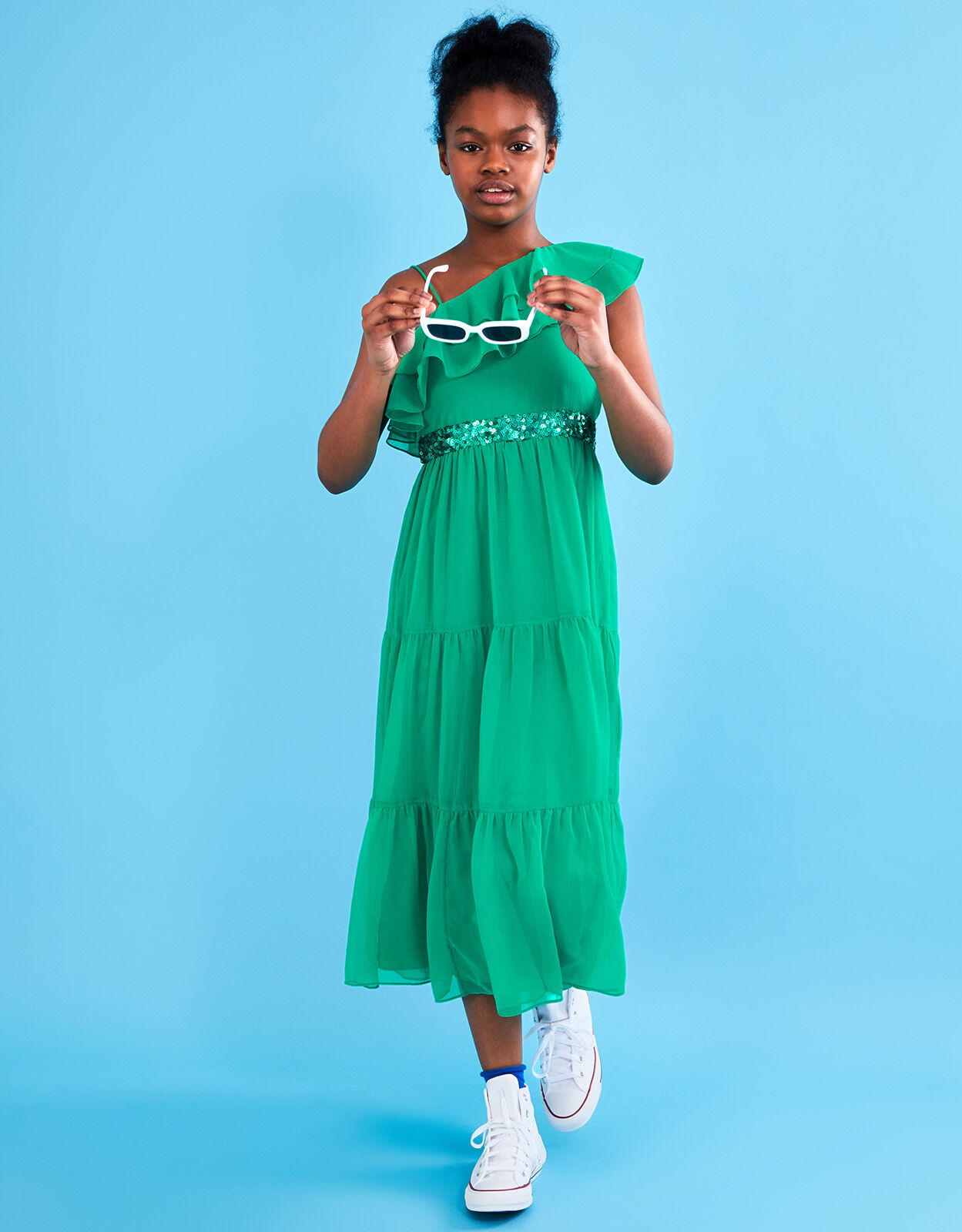 Green one shoulder ruffle dress hot sale