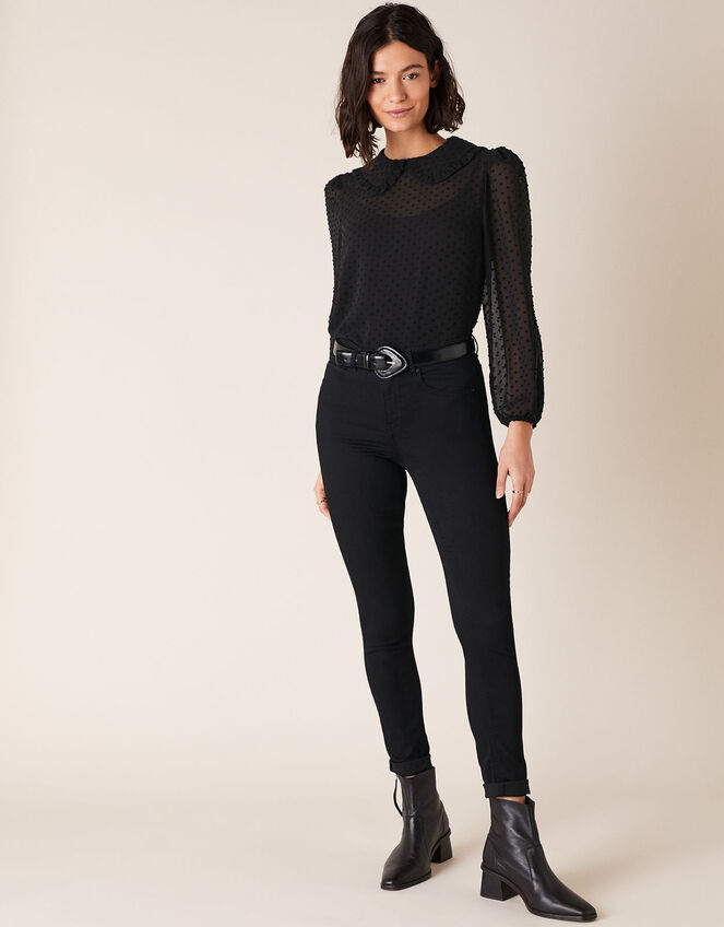 Dobby Chiffon Collared Blouse, Black (BLACK), large