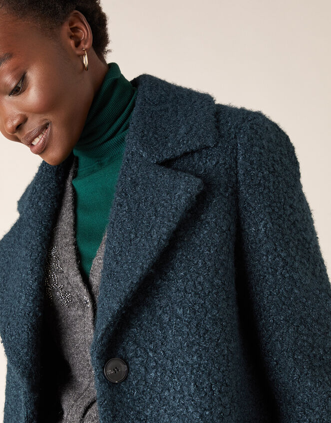 Boucle Single Breasted Long Coat, Teal (TEAL), large
