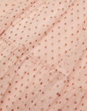 Spot Glitter Short Sleeve Belted Dress, Nude (NUDE), large