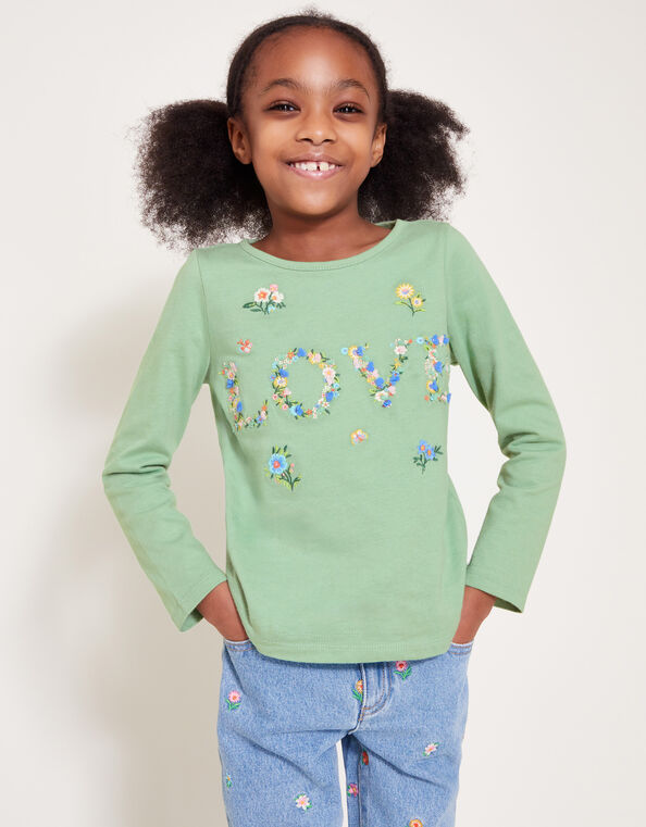 Floral Love Embroidered Long Sleeve Top, Green (GREEN), large