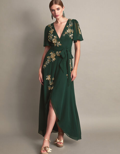Sarah Embellished Wrap Dress , Green (GREEN), large
