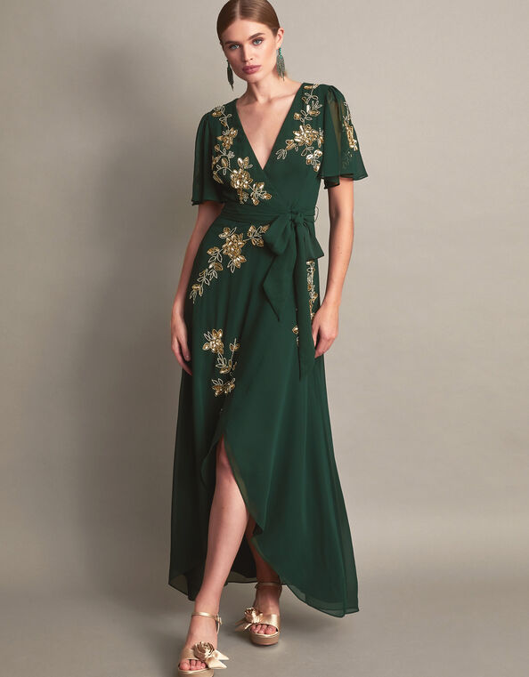 Sarah Embellished Wrap Dress , Green (GREEN), large