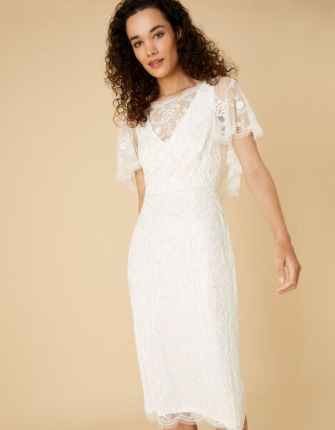 Audrey Embellished Cape Bridal Midi Dress Ivory, Ivory (IVORY), large