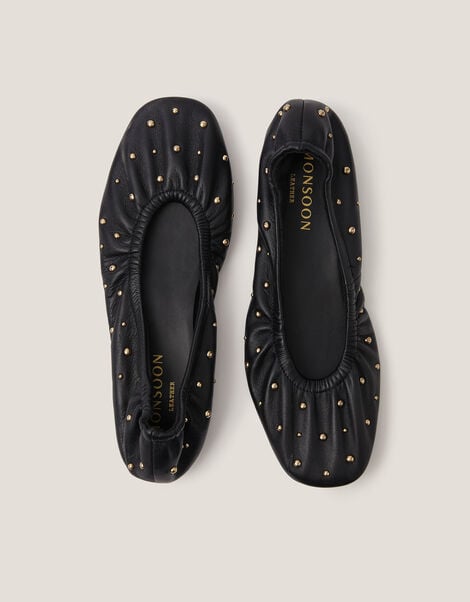 Mila Leather Stud Ballet Pumps, Black (BLACK), large