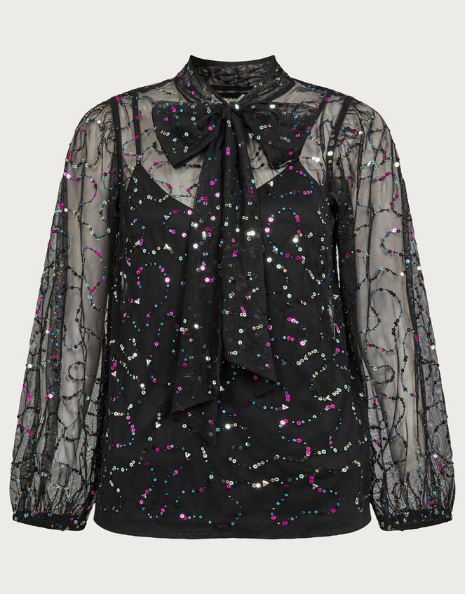 Daria Embellished Pussybow Blouse in Recycled Polyester , Black (BLACK), large