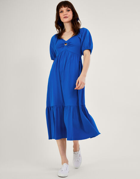 Puff Sleeve O-Ring Detail Midi Dress, Blue (COBALT), large