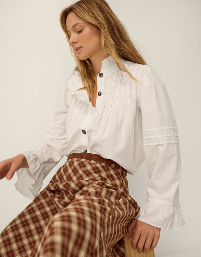 Teresa Frill Pintuck Shirt, White (WHITE), large