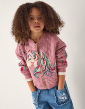 Embellished Unicorn Quilted Bomber Jacket, Pink (PINK), large