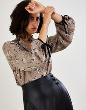 Ditsy Print Smocked Button Through Blouse, Mink (MINK), large