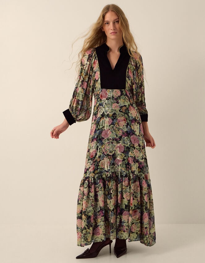 Monsoon x Queens of Archive Patti Velvet Bib Metallic Floral Jacquard Maxi Dress​, Black (BLACK), large