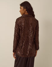 Shelby Sequin Fringe Satin Shirt, Brown (CHOCOLATE), large