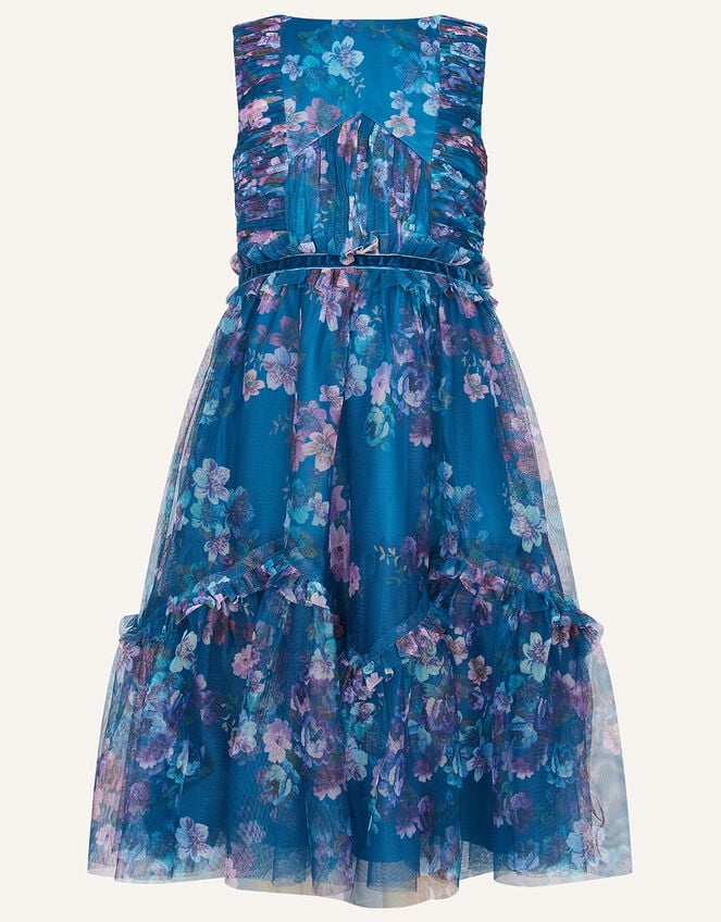 Floral Ruffle Tulle Maxi Dress, Teal (TEAL), large