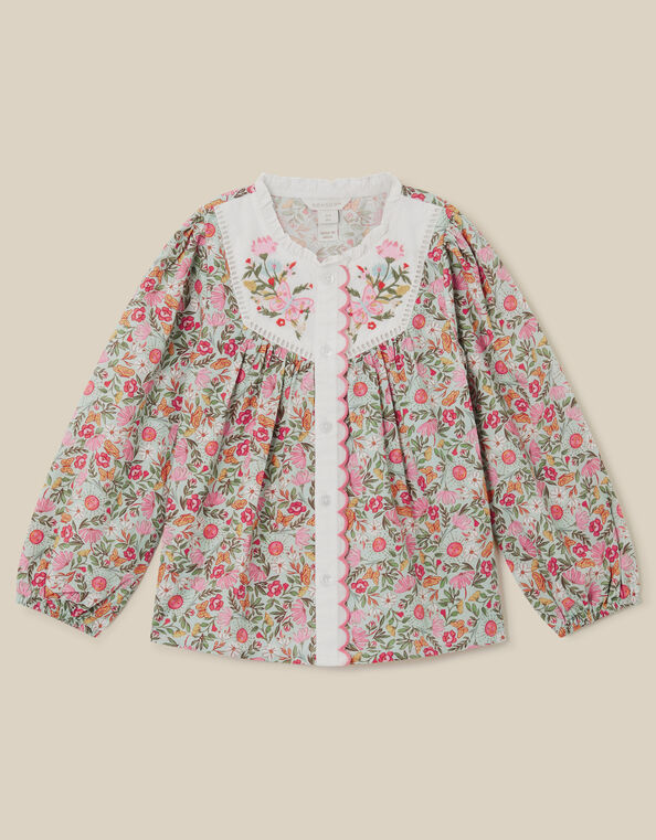 Floral Print Scallop Cotton Blouse, Green (GREEN), large