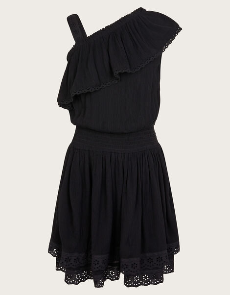 Asymmetrical Broderie Frill Dress, Black (BLACK), large