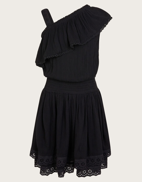 Asymmetrical Broderie Frill Dress, Black (BLACK), large