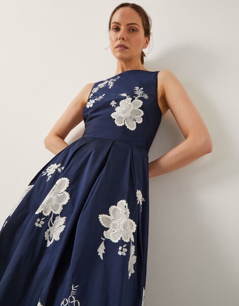Sicily Embroidered Fit & Flare Midi Dress, Blue (NAVY), large