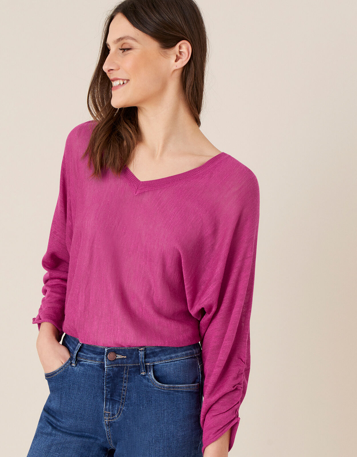 Gathered Sleeve Jumper in Linen Blend Pink Jumpers Monsoon Global