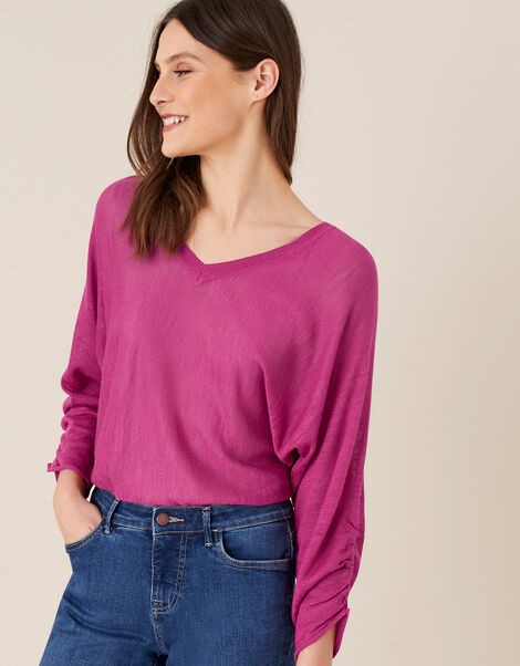 Gathered Sleeve Jumper in Linen Blend Pink, Pink (PINK), large