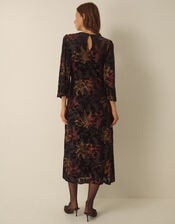 Dora Long Sleeve Floral Devor&eacute; Midi Dress, Black (BLACK), large