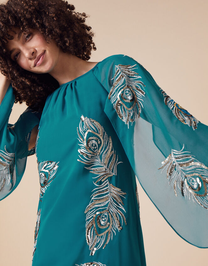 Cara Peacock Embroidered Cape Dress, Teal (TEAL), large