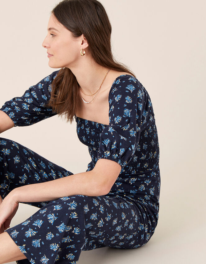 Floss Printed Jumpsuit with Organic Cotton, Blue (NAVY), large