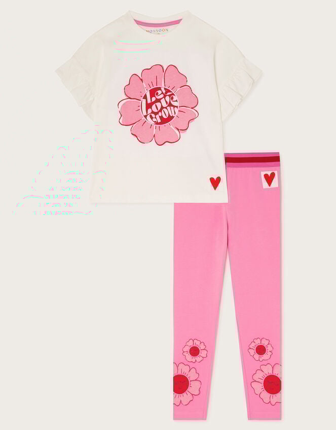 Frilly Flower T-Shirt and Leggings Set, Pink (PINK), large