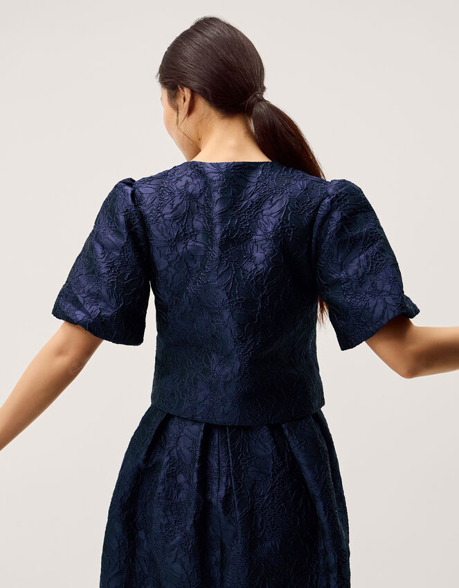 Juliana Floral Jacquard Puff Sleeve Jacket, Blue (NAVY), large