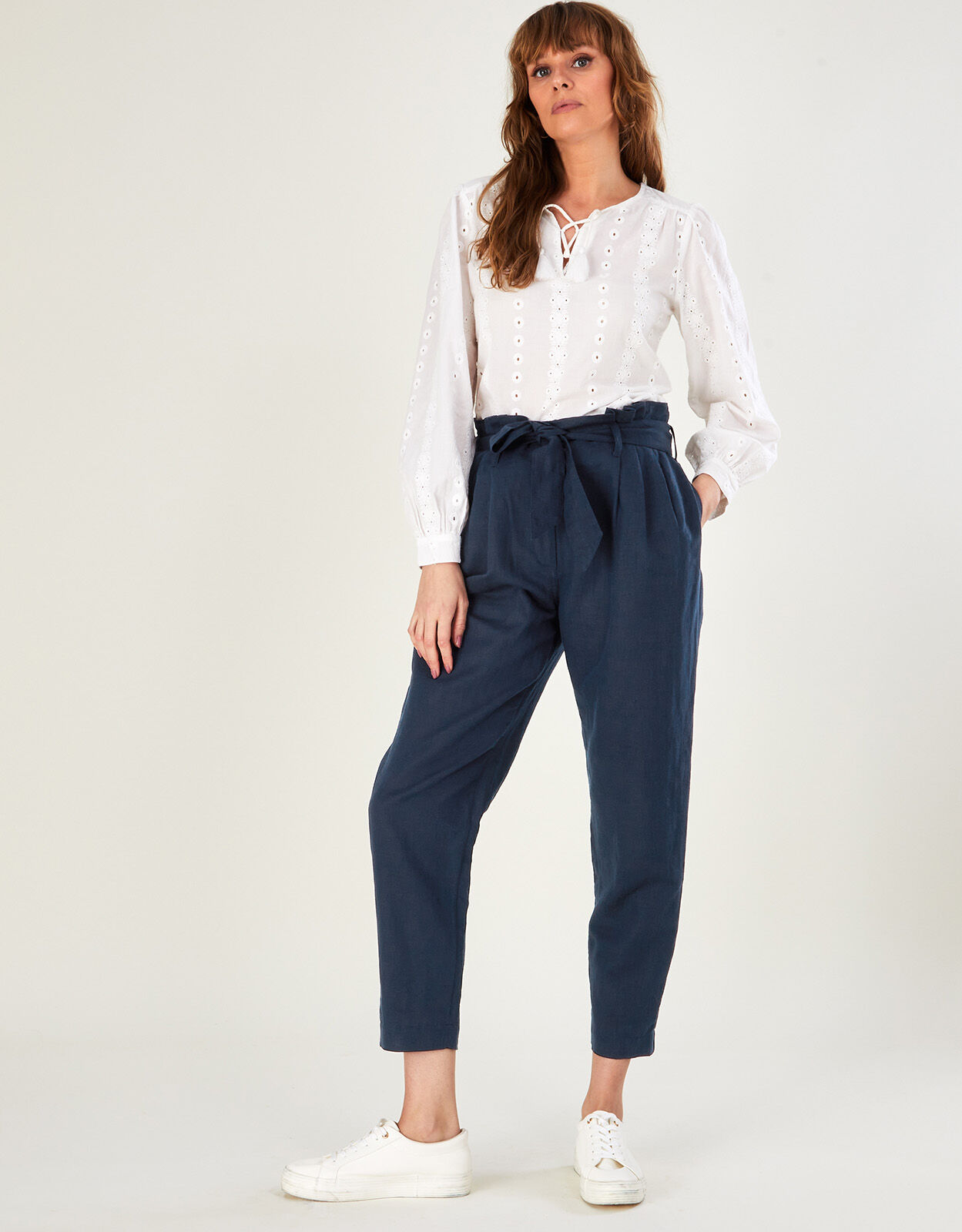 Linen Paper Bag Waist Trousers Blue