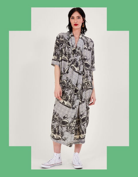 One Hundred Stars Ancient Columns Print Rachel Dress, Grey (CHARCOAL), large