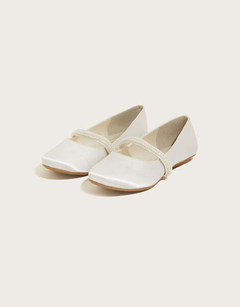 Pearl Strap Satin Communion Ballerina Flats, White (WHITE), large