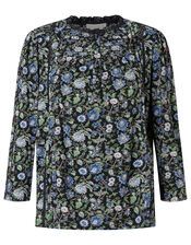 Floral Print Top with Organic Cotton, Black (BLACK), large