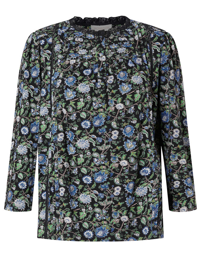 Floral Print Top with Organic Cotton, Black (BLACK), large