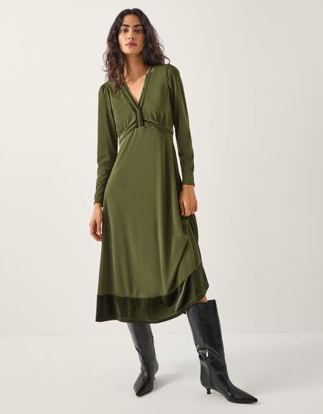 Viv Velvet Trim Long Sleeve Midi Dress, Green (KHAKI), large