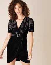Patrice Paisley Embroidered Velvet Dress, Black (BLACK), large