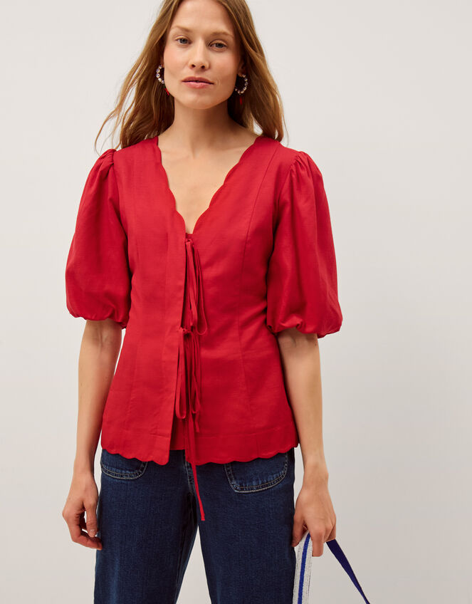 Willa Puff Sleeve Tie Front Top, Red (RED), large