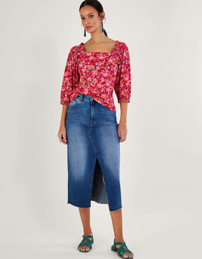Ditsy Floral Print Top in Linen Blend , Red (RED), large