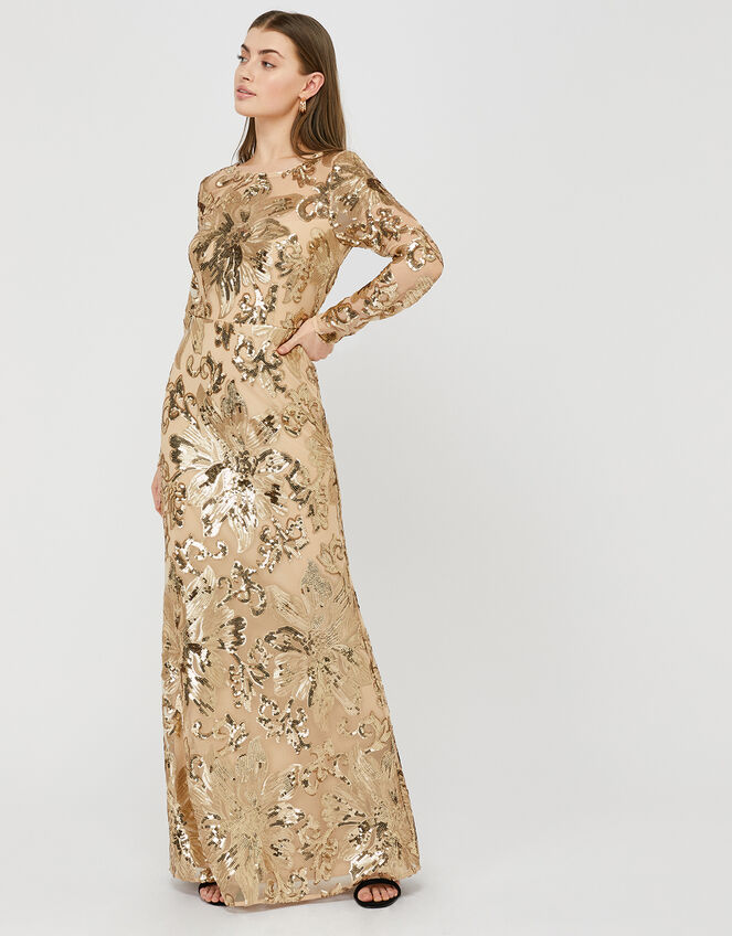 Rose Sequin Maxi Dress, Gold (GOLD), large